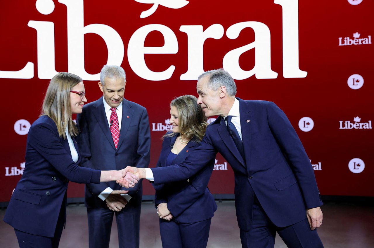 French President Emmanuel Macron, from left, Canada's Prime Minister Mark Carney, U.S. President Donald Trump, Britain's Prime Minister Keir Starmer, and German Chancellor Friedrich Merz prepare for a family photo during the G7 Summit, in Kananaskis, Alberta, Monday, June 16, 2026.